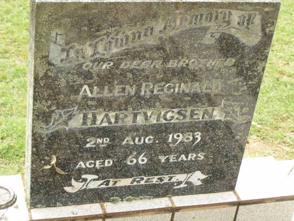 Allen Reginald HARTVIGSEN,  | brother,  | died 2 Aug 1983 aged 66 years;  | Appletree Creek cemetery, Isis Shire  | 
