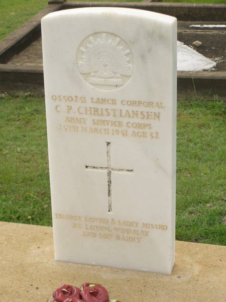 C.P. CHRISTIANSEN,  | died 25 March 1951 aged 32 years,  | loved by wife May & son Barry;  | Appletree Creek cemetery, Isis Shire  |   | 