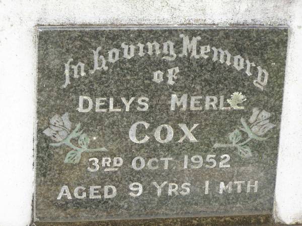 Delys Merle COX,  | died 3 Oct 1952 aged 9 years 1 month;  | Appletree Creek cemetery, Isis Shire  | 