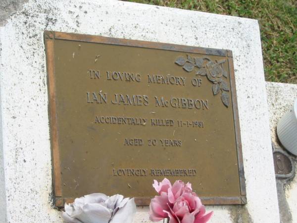 Ian James MCGIBBON,  | accidentally killed 11-1-1981 aged 20 years;  | Appletree Creek cemetery, Isis Shire  | 