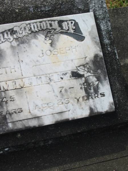 Hannah Elizabeth EMMITT,  | died 18-8-1945 aged 83 years;  | Joseph EMMITT,  | died 1-7-1947 aged 86 years;  | Appletree Creek cemetery, Isis Shire  | 