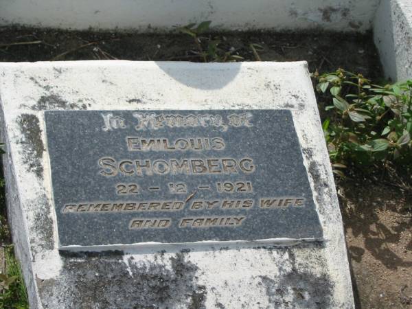 Emilouis SCHOMBERG,  | died 22-12-1921,  | remembered by wife & family;  | Appletree Creek cemetery, Isis Shire  | 