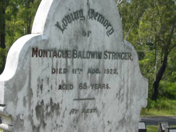 Montague Baldwin STRINGER,  | died 11 Aug 1922 aged 65 years;  | Appletree Creek cemetery, Isis Shire  | 