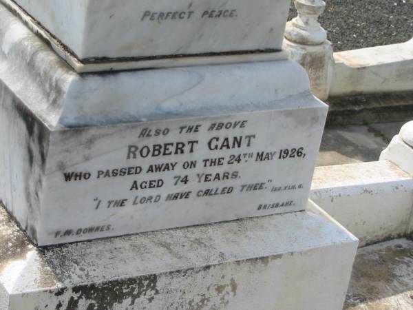 Catherine,  | wife of Robert GANT,  | died 2 June 1913 aged 56 years;  | Robert GANT,  | died 24 May 1926 aged 74 years;  | Appletree Creek cemetery, Isis Shire  | 