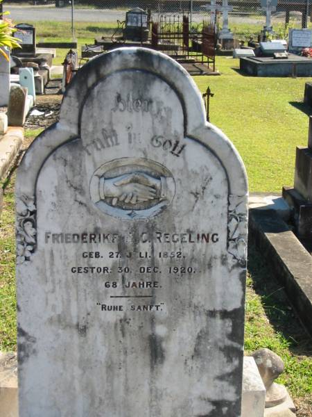 Friederike C REGELING  | geb 27 Juli 1852  | ges 30 Dec 1920  | 68 jahre  |   | Bethania (Lutheran) Bethania, Gold Coast  | 