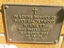 
Mary Calderwood WINNETT,
died 12 March 1988 aged 49 years;
Bribie Island Memorial Gardens, Caboolture Shire
