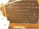 
Eric Alfred ROBERTS,
died 10 Feb 1958 aged 40 years;
Ruby Sybil ROBERTS,
died 21 April 2001 aged 82 years;
Bribie Island Memorial Gardens, Caboolture Shire
