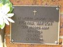 
Ephyra WATSON,
died 21-1-1999 aged 94 years;
Bribie Island Memorial Gardens, Caboolture Shire
