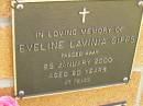 
Eveline Lavinia GIPPS,
died 25 Jan 2000 aged 80 years;
Bribie Island Memorial Gardens, Caboolture Shire
