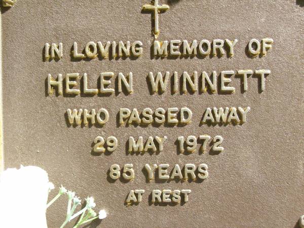 Helen WINNETT,  | died 29 May 1972 aged 85 years;  | Bribie Island Memorial Gardens, Caboolture Shire  | 