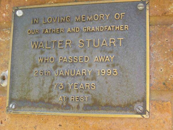 Walter STUART,  | father grandfather,  | died 26 Jan 1993 aged 73 years;  | Bribie Island Memorial Gardens, Caboolture Shire  | 