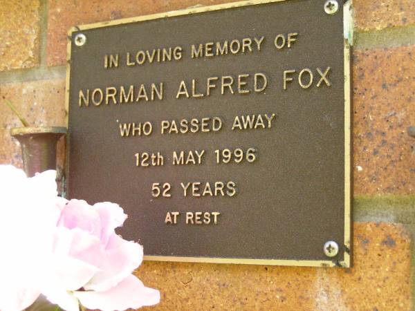 Norman Alfred FOX,  | died 12 May 1996 aged 52 years;  | Bribie Island Memorial Gardens, Caboolture Shire  | 