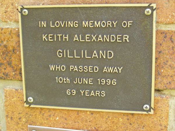 Keith Alexander GILLILAND,  | died 10 June 1996 aged 69 years;  | Bribie Island Memorial Gardens, Caboolture Shire  | 
