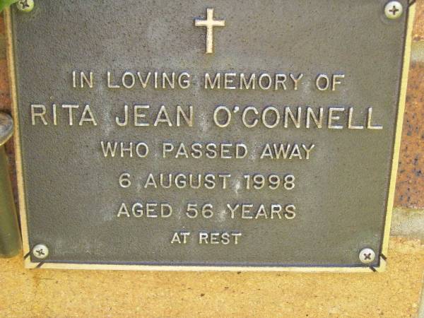 Rita Jean O'CONNELL,  | died 6 Aug 1998 aged 56 years;  | Bribie Island Memorial Gardens, Caboolture Shire  | 