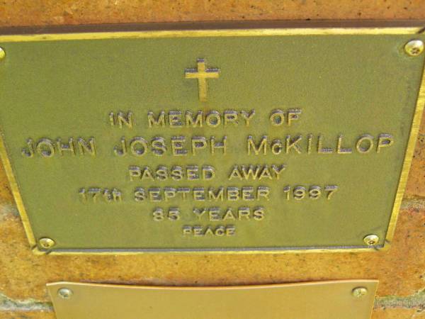 John Joseph MCKILLOP,  | died 17 Sept 1997 aged 85 years;  | Bribie Island Memorial Gardens, Caboolture Shire  | 