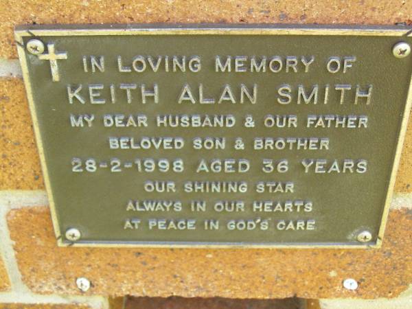 Keith Alan SMITH,  | husband father son brother,  | died 28-2-1998 aged 36 years;  | Bribie Island Memorial Gardens, Caboolture Shire  | 