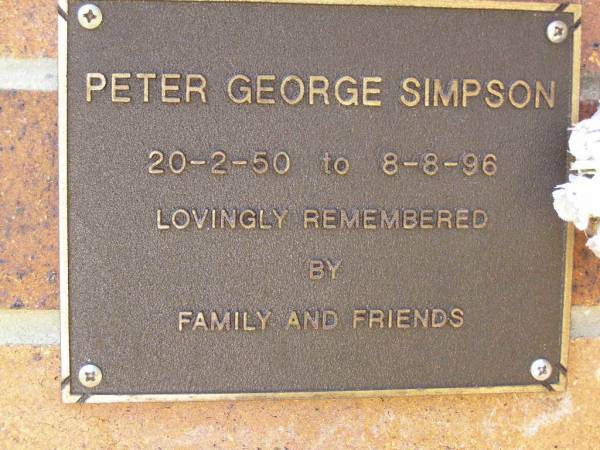 Peter George SIMPSON,  | 20-2-50 - 8-8-96;  | Bribie Island Memorial Gardens, Caboolture Shire  | 