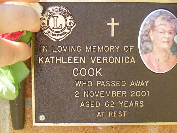 Kathleen Veronica COOK,  | died 2 Nov 2001 aged 62 years;  | Bribie Island Memorial Gardens, Caboolture Shire  | 