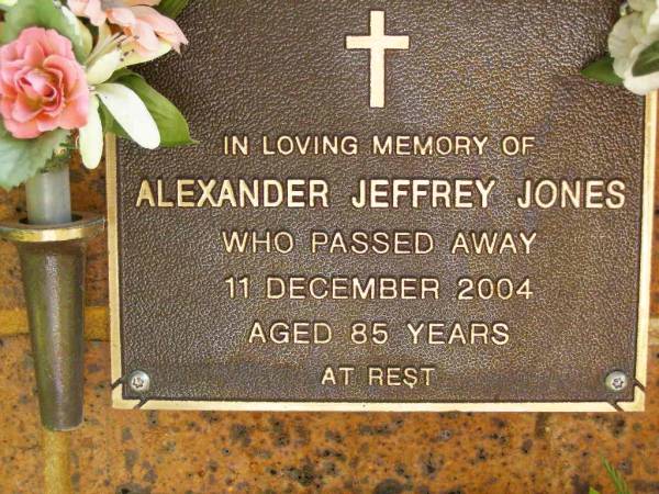 Alexander Jeffrey JONES,  | died 11 Dec 2004 aged 85 years;  | Bribie Island Memorial Gardens, Caboolture Shire  | 