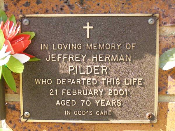 Jeffrey Herman PILDER,  | died 21 Feb 2001 aged 70 years;  | Bribie Island Memorial Gardens, Caboolture Shire  | 
