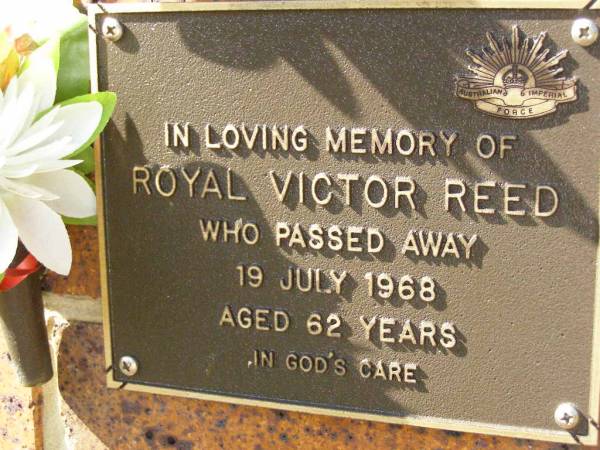 Royal Victor REED,  | died 19 July 1968 aged 62 years;  | Bribie Island Memorial Gardens, Caboolture Shire  | 