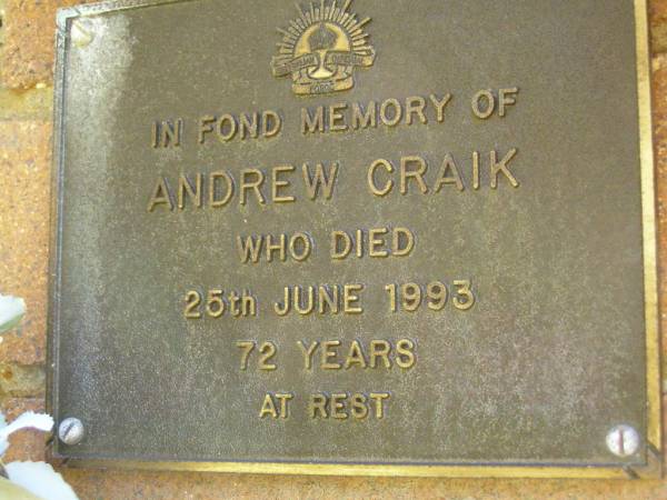 Andrew CLARK,  | died 25 June 1993 aged 72 years;  | Bribie Island Memorial Gardens, Caboolture Shire  | 