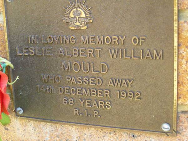 Leslie Albert William MOULD,  | died 14 Dec 1992 aged 68 years;  | Bribie Island Memorial Gardens, Caboolture Shire  | 