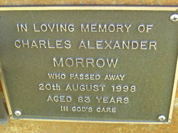 Charles Alexander MORROW,  | died 20 Aug 1998 aged 83 years;  | Bribie Island Memorial Gardens, Caboolture Shire  | 