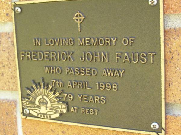 Frederick John FAUST,  | died 7 April 1998 aged 79 years;  | Bribie Island Memorial Gardens, Caboolture Shire  | 