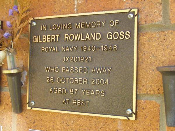 Gilbert Rowland GOSS,  | died 26 Oct 2004 aged 87 years;  | Bribie Island Memorial Gardens, Caboolture Shire  | 