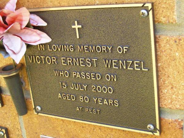 Victor Ernest WENZEL,  | died 15 July 2000 aged 80 years;  | Bribie Island Memorial Gardens, Caboolture Shire  | 