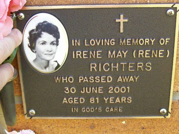 Irene May (Rene) RICHTERS,  | died 30 June 2001 aged 81 years;  | Bribie Island Memorial Gardens, Caboolture Shire  | 