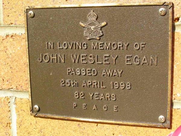 John Wesley EGAN,  | died 25 April 1998 aged 82 years;  | Bribie Island Memorial Gardens, Caboolture Shire  | 