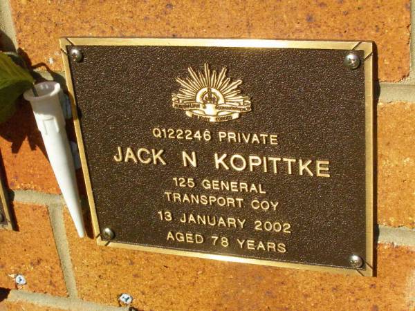 Jack N. KOPITTKE,  | died 13 Jan 2002 aged 78 years;  | Bribie Island Memorial Gardens, Caboolture Shire  | 