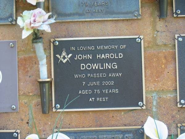 John Harold DOWLING,  | died 7 June 2002 aged 75 years;  | Bribie Island Memorial Gardens, Caboolture Shire  | 