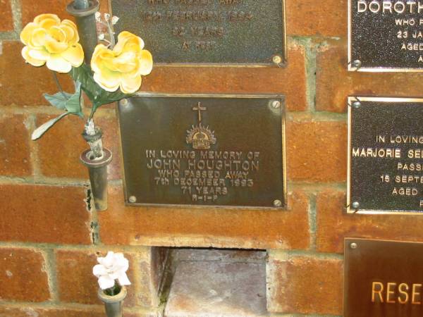 John HOUGHTON,  | died 7 Dec 1993 aged 71 years;  | Bribie Island Memorial Gardens, Caboolture Shire  | 