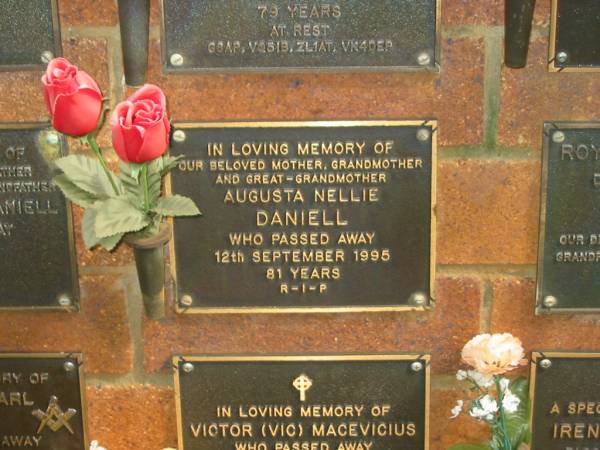 Augusta Nellie DANIELL,  | mother grandmother great-grandmother,  | died 12 Sept 1995 aged 81 years;  | Bribie Island Memorial Gardens, Caboolture Shire  | 