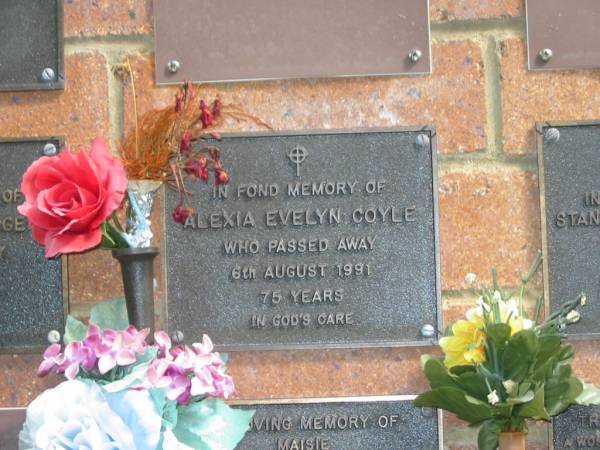 Alexia Evelyn COYLE,  | died 6 Aug 1991 aged 75 years;  | Bribie Island Memorial Gardens, Caboolture Shire  | 