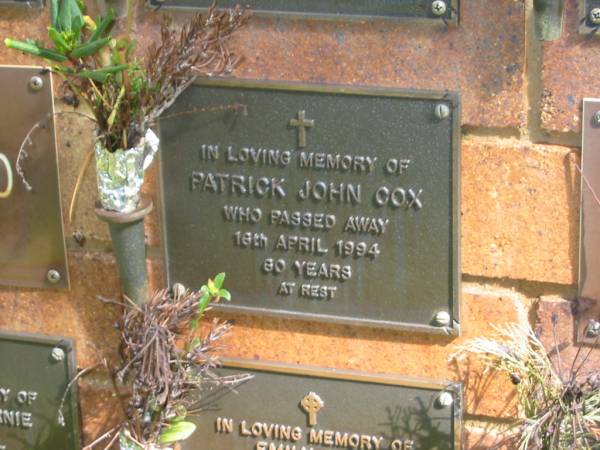Patrick John COX,  | died 16 April 1994 aged 60 years;  | Bribie Island Memorial Gardens, Caboolture Shire  | 