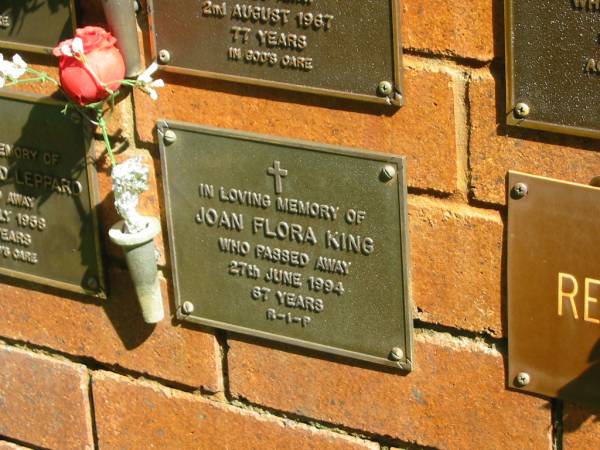 Joan Flora KING,  | died 27 June 1994 aged 67 years;  | Bribie Island Memorial Gardens, Caboolture Shire  | 