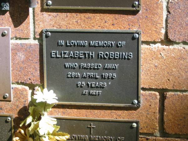 Elizabeth ROBBINS,  | died 28 April 1995 aged 95 years;  | Bribie Island Memorial Gardens, Caboolture Shire  | 