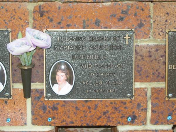 Marianne Anneliese BRENNER,  | died 11-12-1997 aged 58 years;  | Bribie Island Memorial Gardens, Caboolture Shire  | 