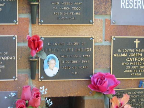 Shirley (Lee) PHILPOT,  | died 11 Oct 1999 aged 63 years;  | Bribie Island Memorial Gardens, Caboolture Shire  | 