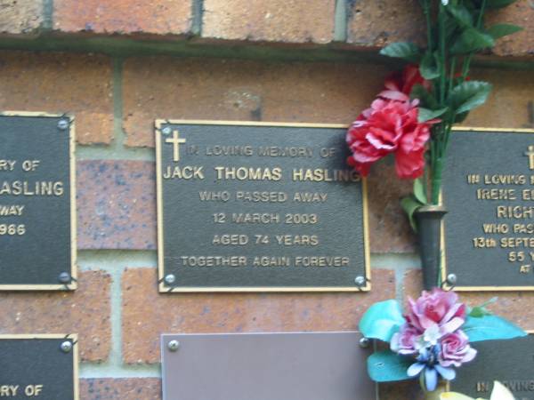 Jack Thomas HASLING,  | died 12 March 2003 aged 74 years;  | Bribie Island Memorial Gardens, Caboolture Shire  | 