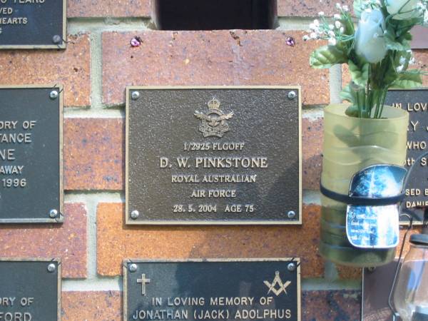 D.W. PINKSTONE,  | died 28-5-2004 aged 75 years;  | Bribie Island Memorial Gardens, Caboolture Shire  | 