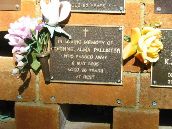 Corinne Alma PALLISTER,  | died 8 May 2005 aged 80 years;  | Bribie Island Memorial Gardens, Caboolture Shire  | 