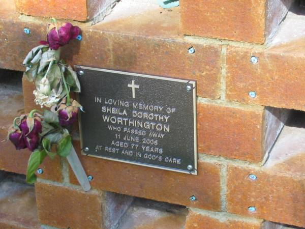 Sheila Dorothy WORTHINGTON,  | died 11 June 2006 aged 77 years;  | Bribie Island Memorial Gardens, Caboolture Shire  | 