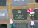 
K.C. RAISON,
died 23-5-2002 aged 59 years;
Bribie Island Memorial Gardens, Caboolture Shire
