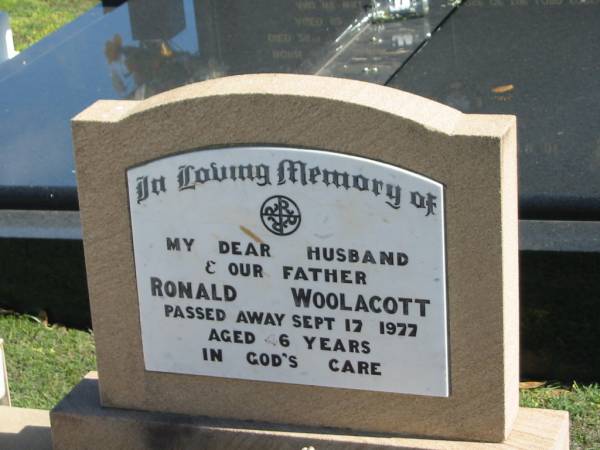 Ronald WOOLACOTT,  | died 17 Sept 1977 aged 46 years,  | husband father;  | Apostolic Church of Queensland, Brightview, Esk Shire  | 