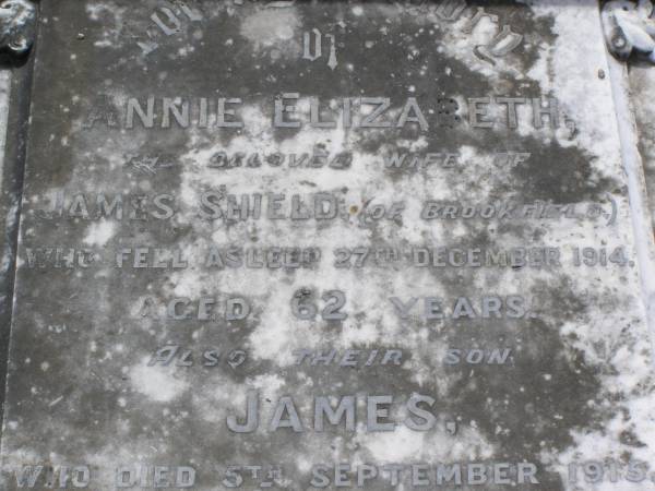 Annie Elizabeth,  | wife of James SHIELD of Brookfield,  | died 27 Dec 1914 aged 62 years;  | James, son,  | died 5 Sept 1915 aged 37 years;  | Brookfield Cemetery, Brisbane  | 